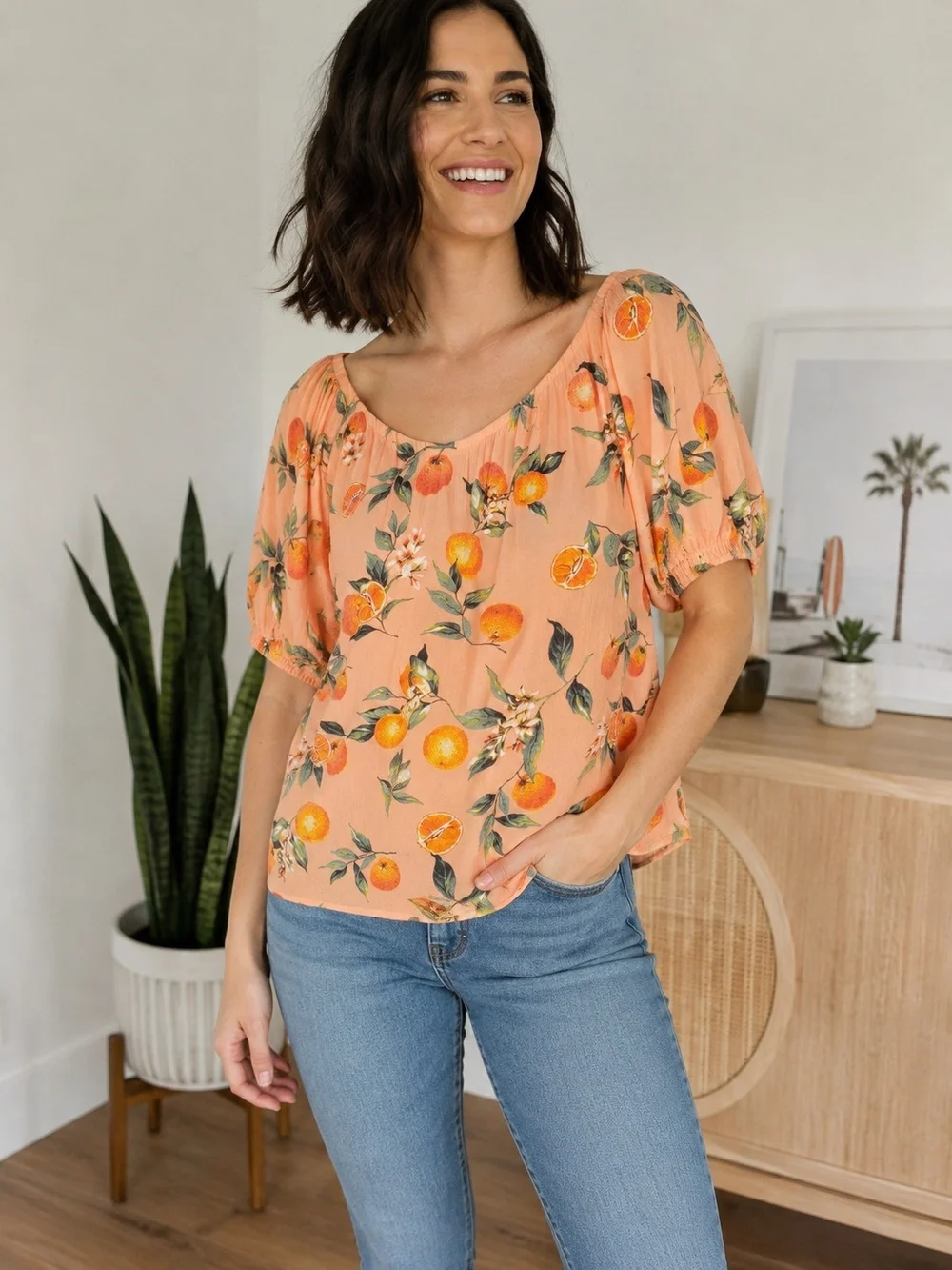 LOFT Orange Citrus Print Puff Sleeve Blouse Peach Rayon Size S